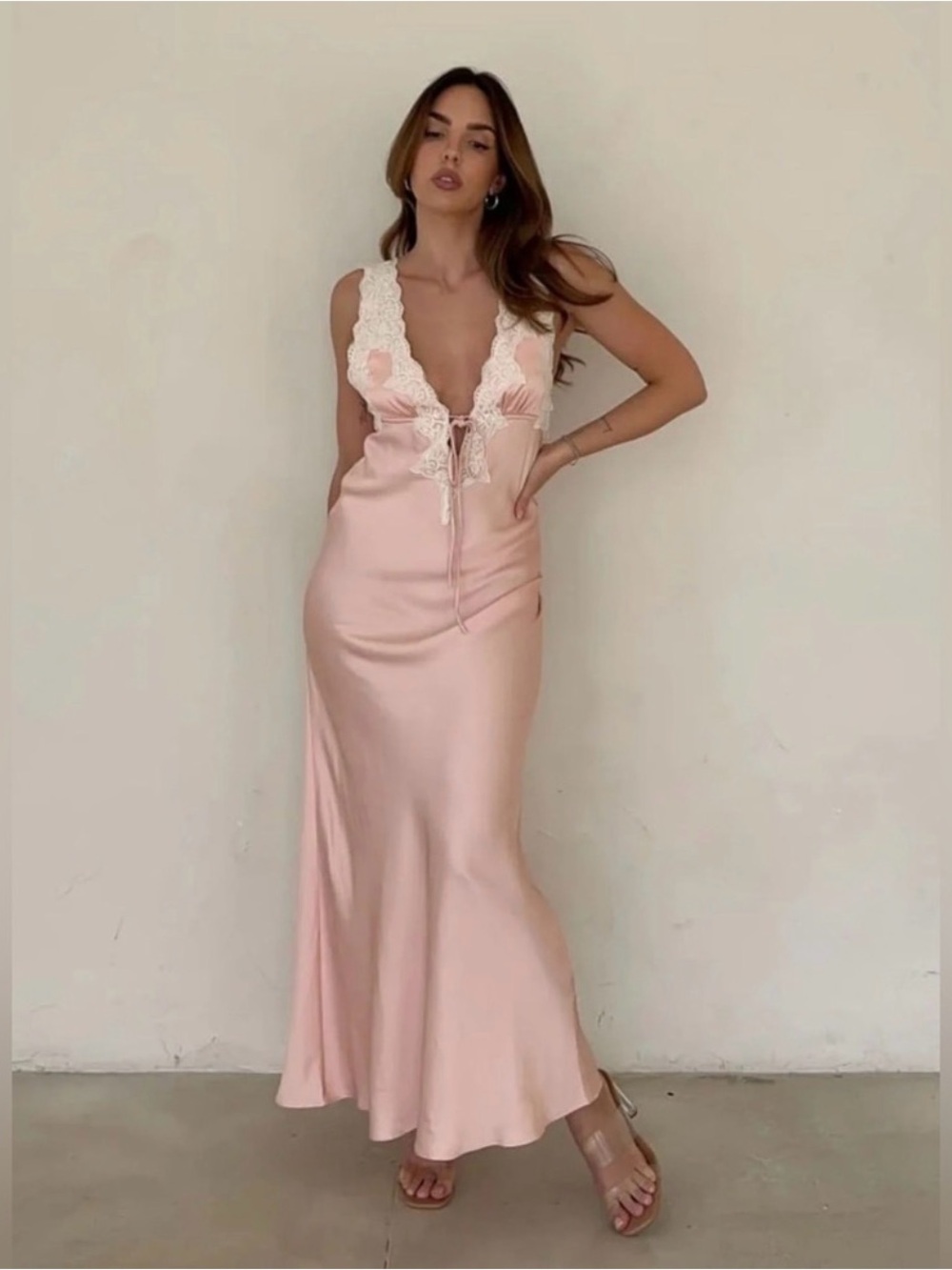 Rumored Venice Blush Pink Satin Lace-Trim Maxi Dress Size Small